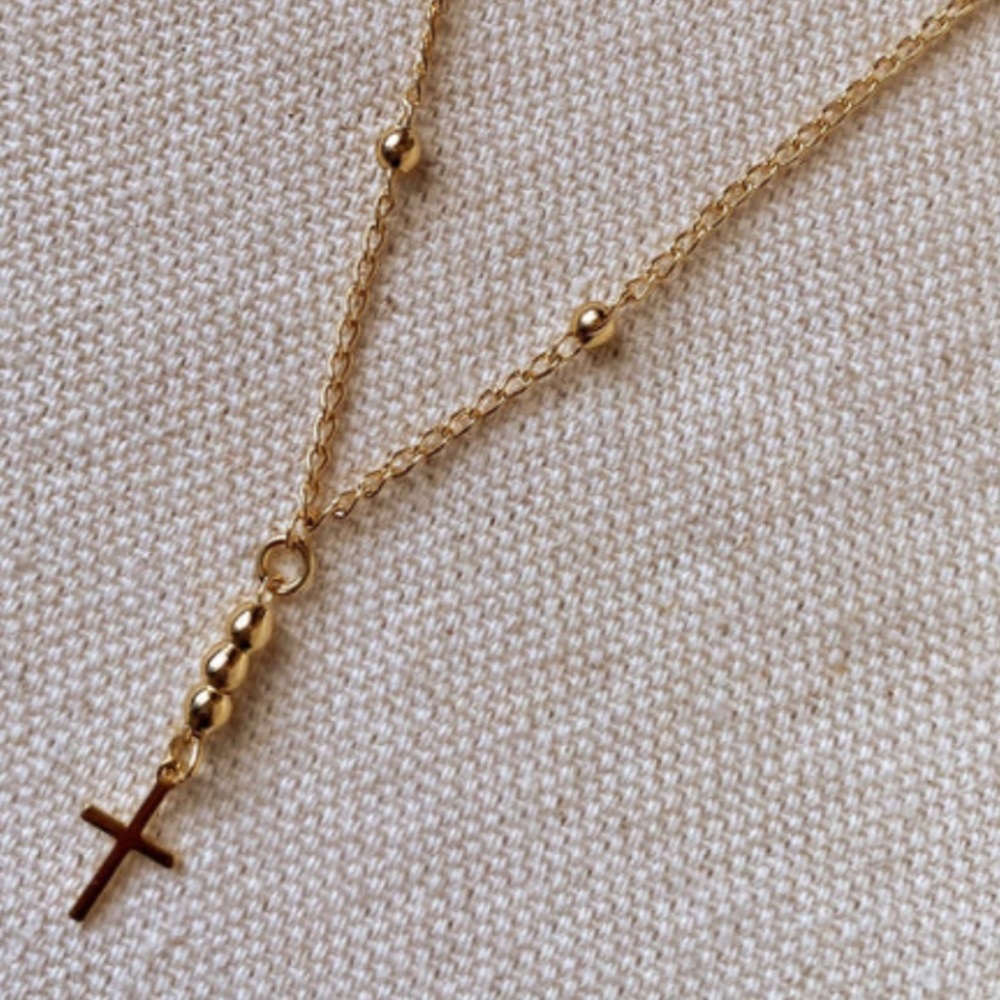 Last 1 New 18k Gold Filled Cross Necklace, beaded chain and cross charm. - Picture 3 of 3